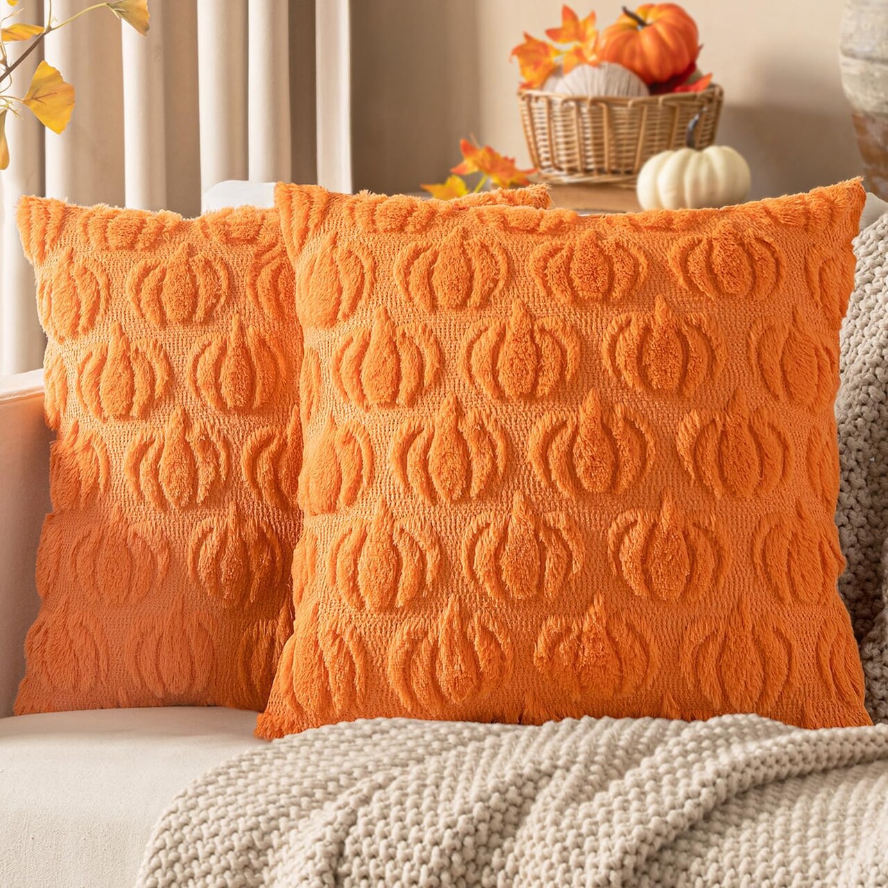 Fall Decorative Pillow Covers 18x18 in – Set of 2 Orange Pumpkin Faux Fur Pillows for Halloween, Thanksgiving, Autumn Harvest, Couch, Sofa, Porch, Bedroom, Living Room